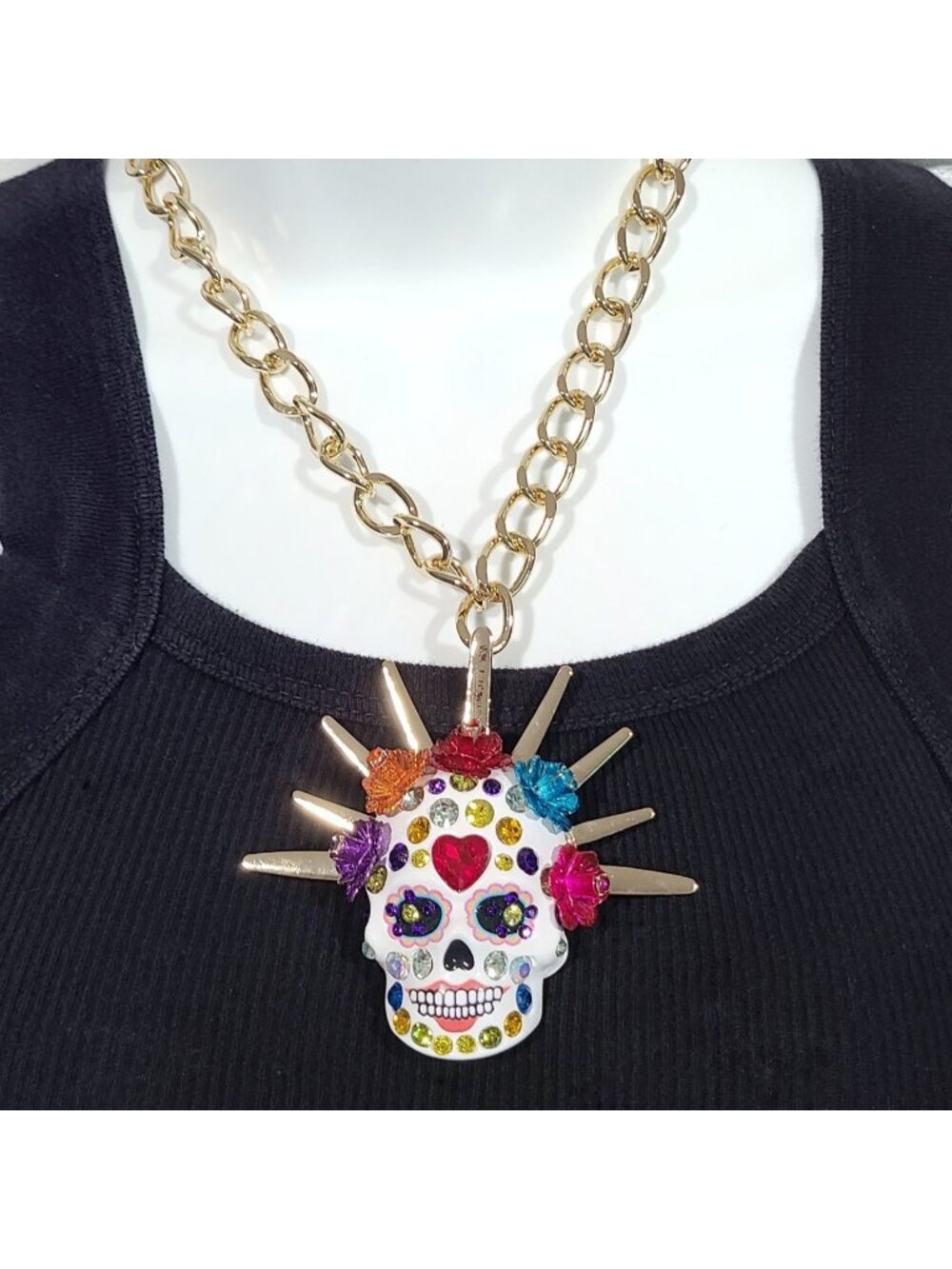 Betsy Johnson NWT Sugar Skull Bride 3.5" Pendant Necklace Day Of Dead Large